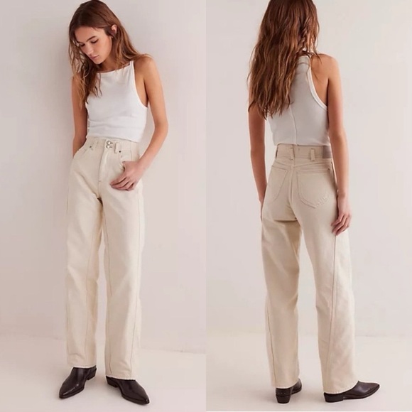 Free People Cream Straight Leg Jeans - Picture 1 of 16